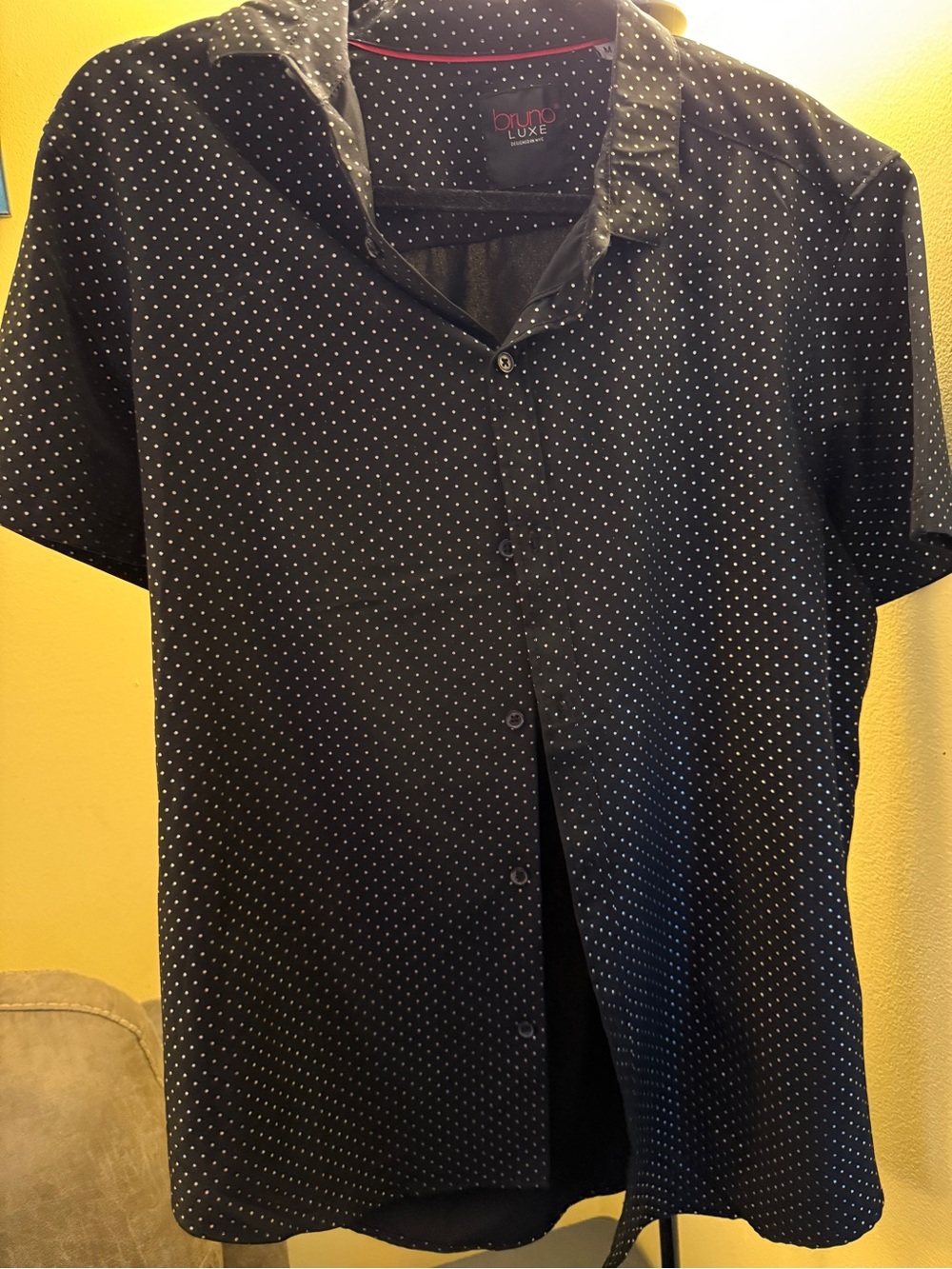 Luxe Black Short-Sleeve Button-Down with White Microdots